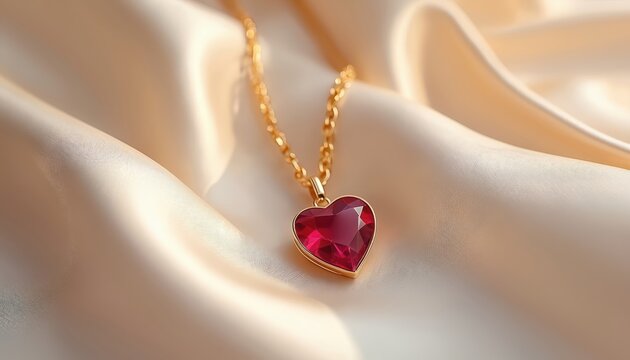Gold chain necklace with heart shaped ruby pendant rests on soft ivory satin fabric. Luxury jewelry item offers elegant and sophisticated style. Beautiful gem adornment for special occasions.