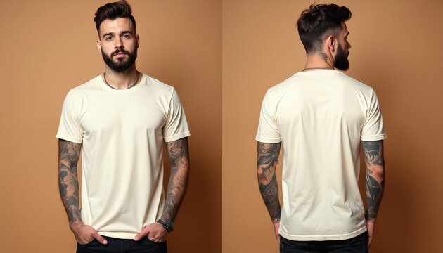Man with tattooed arms wears cream t-shirt front and back view. Bearded male model poses in plain tee shirt for clothing brand mockup. He has dark hair and wears jeans.