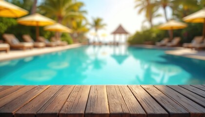 Fototapeta premium Empty wooden table foreground, poolside lounge chairs, umbrellas, palm trees, clear blue pool water. Tropical resort ambiance, perfect for summer vacation product ads.