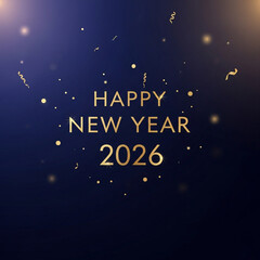 Naklejka premium Elegant minimalist Happy New Year 2026 background, gold typography on dark blue gradient with sparkling confetti and light bokeh, luxury design for greeting cards and posters.