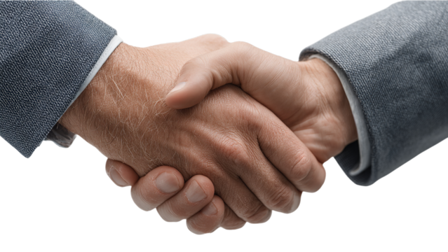 Two men shaking hands in a business setting symbolizing agreement and partnership isolated on transparent background