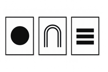 Abstract geometric wall art triptych on transparent background