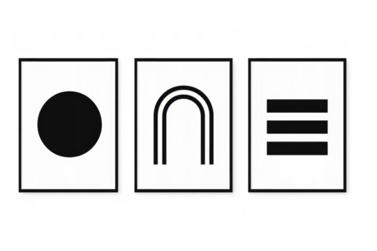 Abstract geometric wall art triptych on transparent background