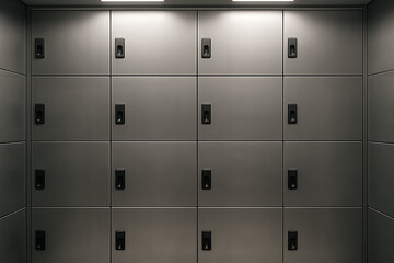 Grid of Gray Metal Lockers with Dark Handles