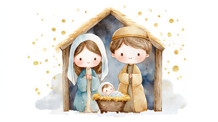 A Nativity scene depicting Mary and baby Jesus, watercolor.
