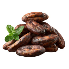Obraz premium Exquisite Pile of Shelled Cocoa Beans with Fresh Mint Leaf Isolated