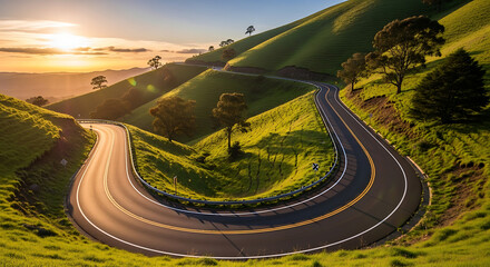 Scenic winding mountain road with hairpin turns snaking through lush green hills under a golden sunset sky.