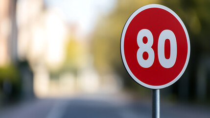 A red and white speed limit sign indicates a maximum speed of 80. Standing tall on a silver post, the sign warns drivers to maintain safety. Bokeh effect adds depth to the scene.