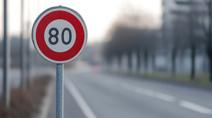 Road safety emphasis: a circular sign with a red border and '80' displayed, signifying a speed limit on a gray road in a blurred urban setting, focusing on traffic regulations.