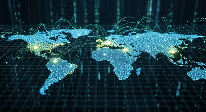 Global Network Connections Digital World Map Data Flow Technology