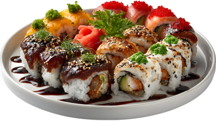 Assorted maki sushi rolls, arranged circular platter with garnish, isolated on white background