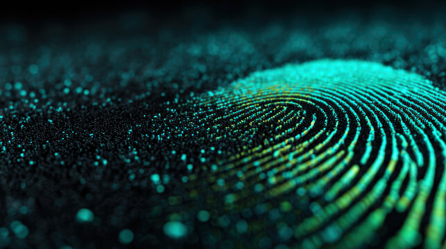 Glowing green fingerprint on black background, close-up. Digital identity concept