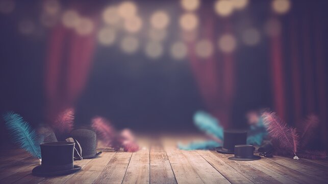 floorboards. A vintage theater stage with scattered feather fans and top hats on wooden floorboards under soft lighting. real-estate listings.