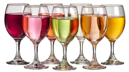 Assorted wine glasses with beverages, red, white, and ros? tones, reflective surfaces, isolated on white background