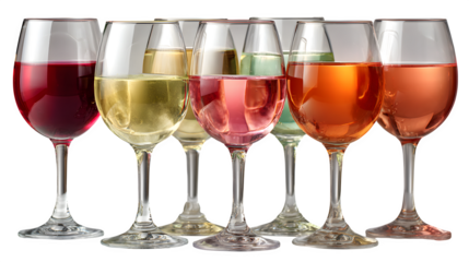 Assorted wine glasses with beverages, red, white, and ros? tones, reflective surfaces, isolated on white background