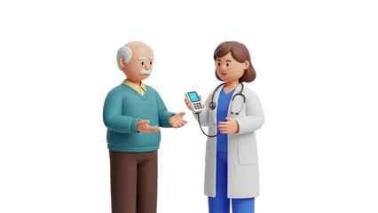Doctor showing glucose meter to senior patient 3D character rendering isolated