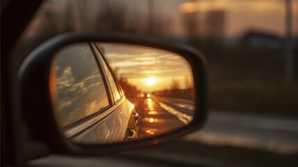 Close up of car rearview mirror reflecting sunset road, soft golden light, sharp focus on mirror, blurred background, cinematic composition