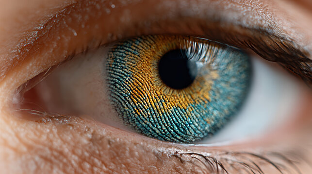 Human eye with fingerprint-like pattern on iris - concept of face scanning, biometric identification