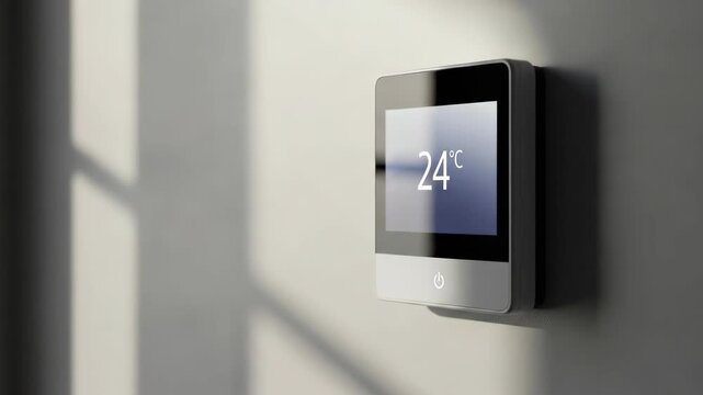 Smart thermostat showing 24 degrees celsius on a wall, depicting modern home climate control and energy efficiency footage