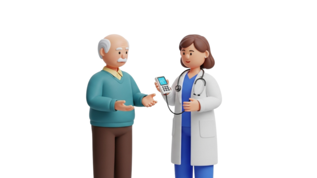 Doctor showing glucose meter to senior patient 3D character rendering isolated