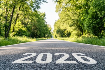 Obraz premium Roadway marked with the year 2026, surrounded by lush green trees and foliage, creating a serene and inviting atmosphere for future journeys and adventures