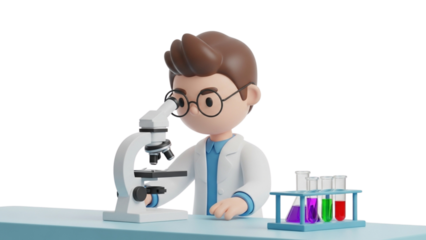 Animated scientist character using microscope in lab with flasks 3D render