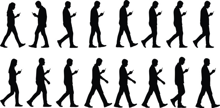 Walking silhouette sequence, mobile phone posture, human motion frames, animation reference, digital anchor point, flat vector illustration, black design elements