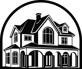 Architectural house design, modern home silhouette, residential building icon, real estate branding, black and white, flat vector illustration