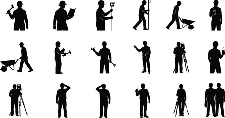 Construction worker silhouettes, engineering tools, survey equipment, labor icons, industrial professions, vector illustration, black figures, site activity, flat vector illustration