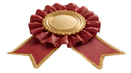 Award ribbon with gold seal 3D rendered, shiny surface with folded ribbon detail, isolated on white background