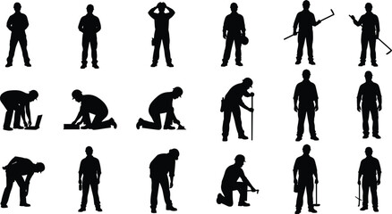 Construction workers silhouettes, manual labor poses, industrial tools, building site activity, flat vector illustration, engineering team, maintenance crew, occupational roles