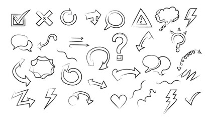 Collection of hand drawn doodle icons and symbols including arrows speech bubbles question marks and lightning bolts