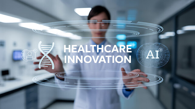 Female scientist interacting with holographic display showing dna and ai for healthcare innovation