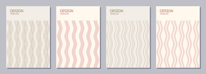 Set of flyers, posters, banners, placards, brochure design templates A6 size. Graphic design templates with color vertical stripes, lines. Wavy texture. Vector pastel color striped backgrounds.