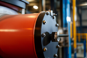 Fototapeta premium Close-up of an industrial machinery component featuring an orange pipe section with a black bolted flange, inside of a warehouse or industrial facility. Engineering precision.