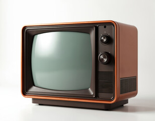Retro television set with warm wood grain trim, grey screen. This vintage analog device has knobs for channel tuning, volume control. It sits isolated on plain white background, evoking nostalgia.