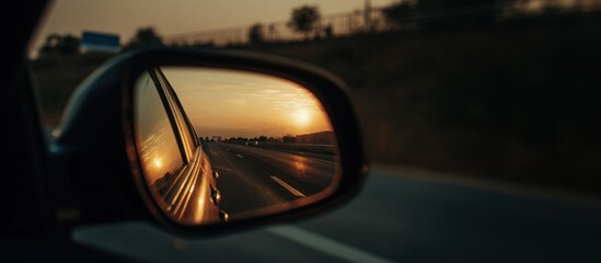 close up of rearview mirror reflecting sunset over highway, elegant warm tones, travel and nostalgia aesthetic