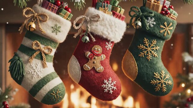 Three festive Christmas stockings filled with gifts hanging on snowy branch. Cozy holiday decorations with gingerbread man and snowflakes. Traditional winter celebration concept