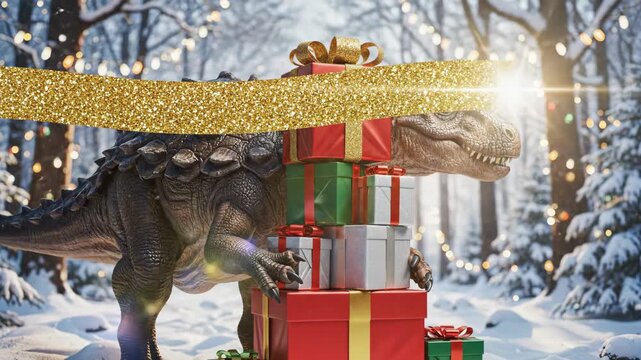 Dinosaur carries large stack of Christmas presents through snowy forest. Festive holiday scene with prehistoric animal and gift boxes. Whimsical and funny winter celebration concept