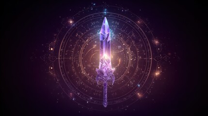 A fantasy illustration featuring a glowing detailed purple sword set against a dark background