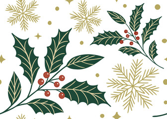 Realistic seamless green Christmas vector silhouette plants design with falling golden snow for use on Christmas cards and promotional advertising .icon




