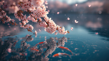 春の水鏡に舞う桜と鯉