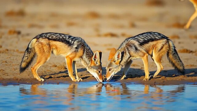 Two Black- Backed Jackals Drinking Water Together at the Edge of a Pool black-backed jackal