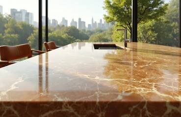 Modern kitchen island with marble countertop and city view. Sleek contemporary design, luxury urban apartment living space with comfortable seating and ample natural light.