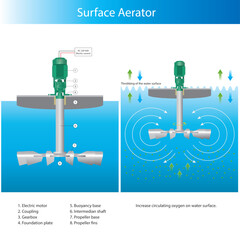 Set of infographic elements.  Structure and Function of a Surface Aerator. This diagram illustrates.