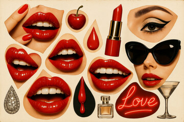 Fashion collage with glossy red lips lipstick cherry perfume martini glass and neon love text in sensual vintage pop art style representing glamour femininity and passion © LiliGraphie