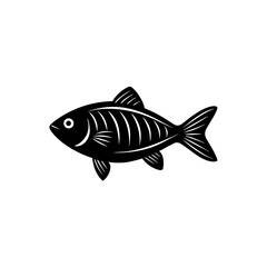 Illustration of a black fish skeleton with fins and tail on a white background on transparent background