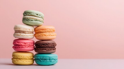 colorful macarons stacked in a pyramid on pastel background, soft natural lighting, high detail close up, trendy bakery photography