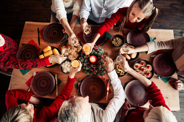 Family Christmas dinner around a festive table toasting during a cozy holiday gathering with...