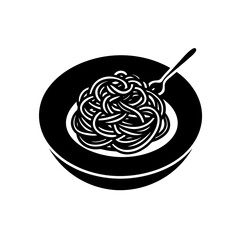 Illustration of a plate of spaghetti with a fork in black and white style on transparent background